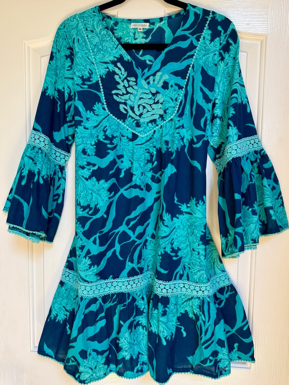 Moda International Teal Floral Boho Mini Dress Bell Sleeve Beachy Festival M